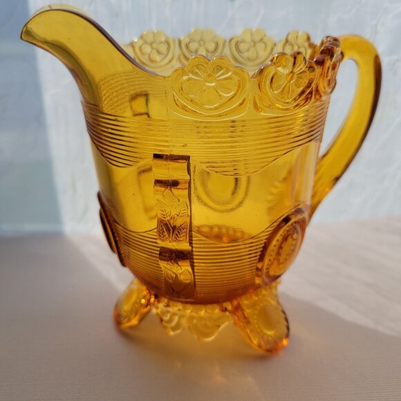 Antique Indiana Amber Dewey Depression Glass Pitcher With Floral & Geometric Des - Picture 7 of 10